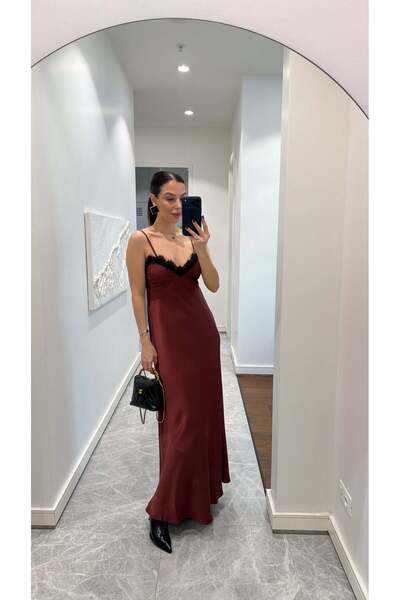 sinemkivanc co DANTEL DETAYLI BORDO UZUN ELBİSE