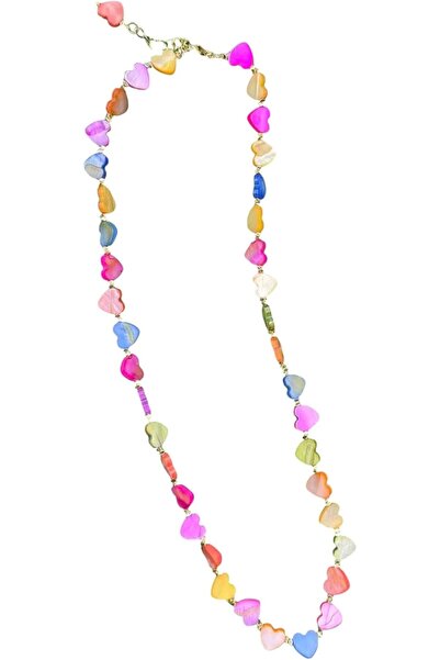 Generic قلادة على شكل قلب من الصدف متعدد الألوان مع حجر الهيماتيت المطلي بالذهب، بتصميم قصير.