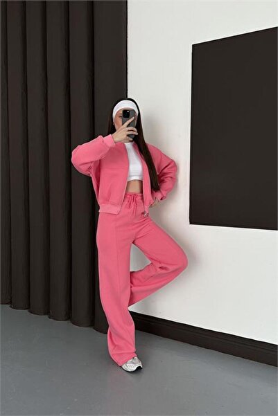 Neşeli Butik Set de trening pentru femei, roz, cu fermoar, cu 3 fire, NBESF01