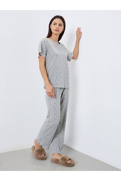 Styli Polka Dot Print Ribbed T-Shirt and Pyjama Set