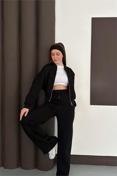 Neşeli Butik Set de trening pentru femei, negru, cu buzunare, cu fleece în in...