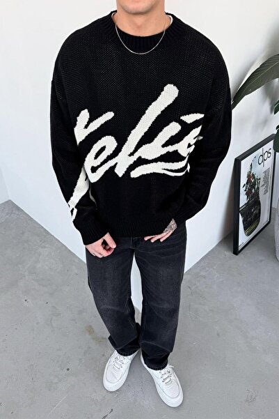 HAFKAGİYİM Siyah Premium İşleme Baskı Oversize Kazak