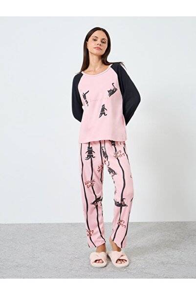 Styli Fleece Cat Printed Long Sleeve Tee&Pants Pajama Long Sets