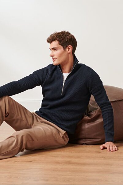 Tchibo Men High Neck Ribbed Half Zip Sweater, Navy