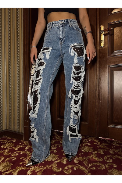 HerTon Yüksek Bel Yırtık Detaylı Wide Leg Kadın Jean Pantolon – Modern Kesim,...