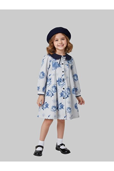 CREATED 4 YOU فستان بناتي شتوي يتميز بتصميمه الجذاب باللونين الأزرق والأبيض م...