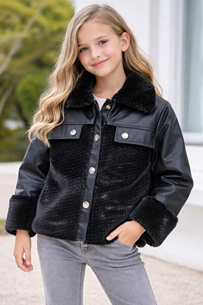 Gonca Bebe GONCA 385-12-25 Kız Çocuk Önü Düğmeli Taşlı Kürk Detaylı Deri Görünümlü Ceket 5/11 Yaş