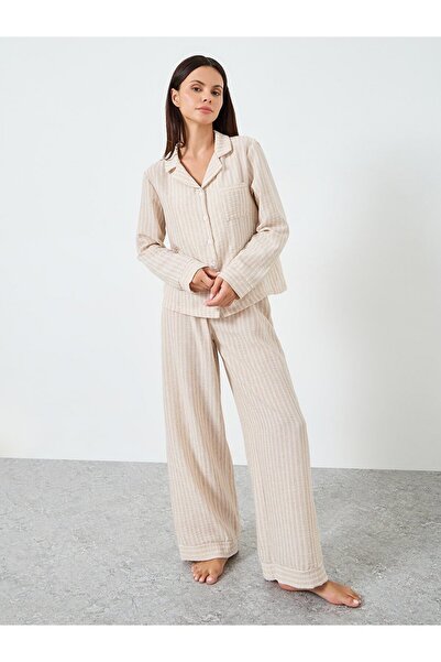 Styli Woven Linen Look Striped Shirt and Pyjama Set
