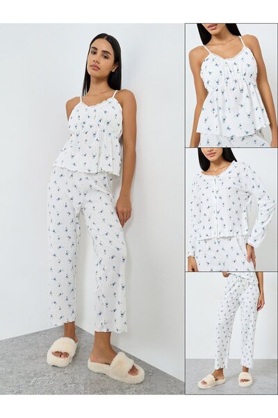 Styli Pack of 3 - Ditsy Floral Ruched Front Lace Detail Cami, Shirt and Pyjam...