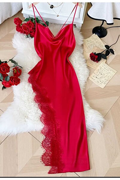 volera kırmızı dantelli yırtmaç detaylı gece elbisesi gecelik