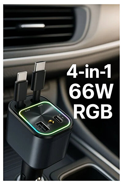 FaroxTech 66W Araç Şarj Adaptörü – Type-C + Lightning Makaralı Kablo, USB + Type-C Girişli, Hızlı Şarjlı