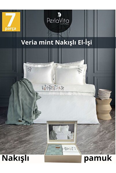 Dantela Veria Mint Nakışlı El-İşi Nevresim Takımı&Pike Seti