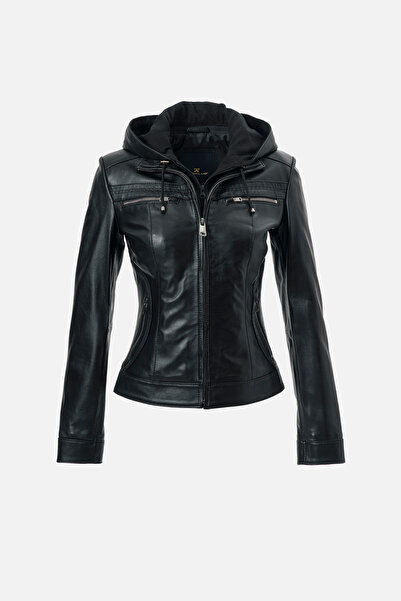 Dericlub Harper Kadın Kapüşonlu Slimfit Hakiki Deri Mont