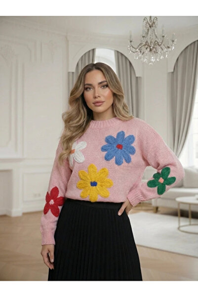 UniqueStore.ro Pink sweater with colorful flowers
