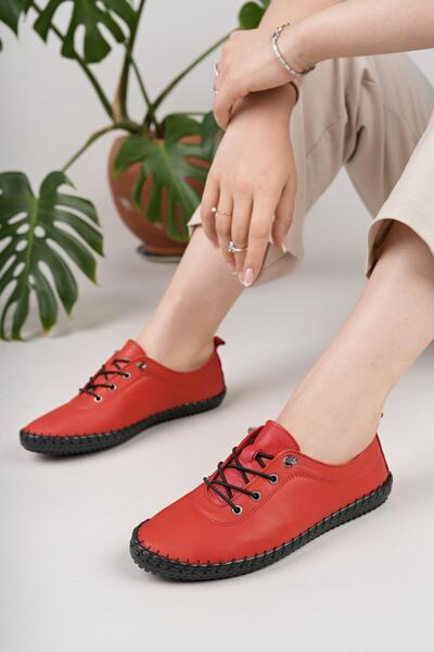 Nesil Shoes حذاء ماريا 300 نسائي يومي من الجلد الطبيعي الناعم باللون الأحمر