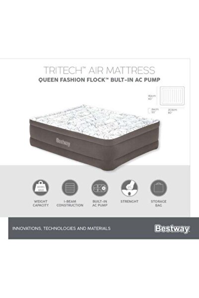 BESTWAY Tritech Fashion Flock Air Mattress Queen Size with Built-in AC Pump