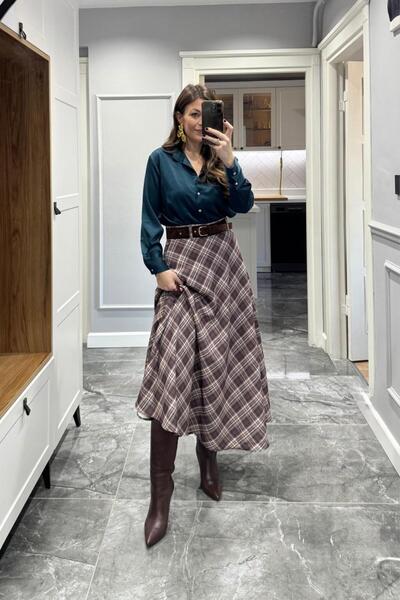 Banu Angay Ekose Kemerli Etek Kahve-Siyah