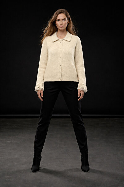 studio fashion 1988 Women's Stone Polo Neck Sleeve Tassel Buttoned Cardigan