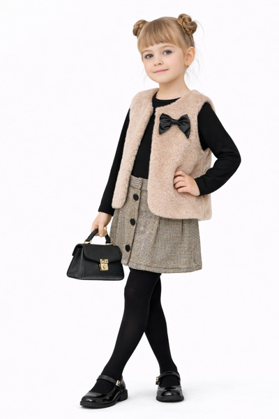 AHENGİM Girl's Premium Stylish Design Fur Vest & Plaid Skirt Badili Suit Ak271-272