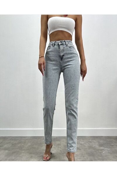 JAXEN NS-22019 Pantaloni de damă Zero Max talie înaltă Blue Mom Jeans material elastic Pantaloni de blugi albastru elastic