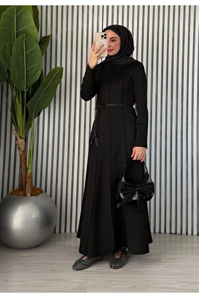 AFA COLLECTION Women's Belt Detailed Skuba Design Dress - Long Dress Luxury Quality