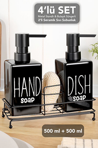 Meleni Home 2'li Köşeli Seramik Sıvı Sabunluk Seti - 500 ml Metal Standlı Sün...