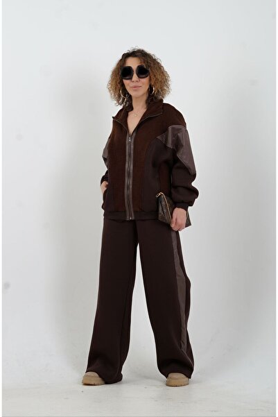 Zelish My Sister مجموعة من بقطع قماش مخيطة معاً قطع من التريكو البني المر والجلد الصناعي