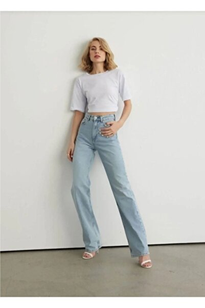 JAXEN Ns-57167 90's Snow Wash Blue Stretch Fabric Super High Waist Loose Jeans Palazzo Pants