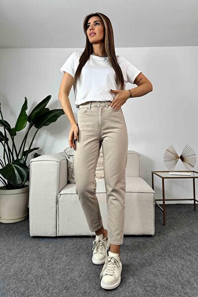 JAXEN NS-82861 Pantaloni de damă talie înaltă Mom Jean Bej