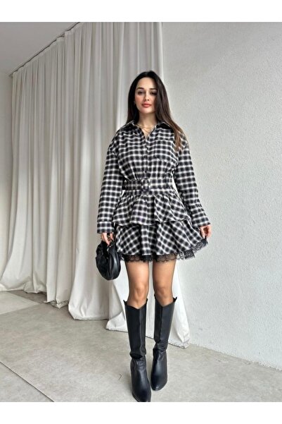 MOVELLA FASHİON Luccy Mini Dress with Plaid Lace Detail and Belt