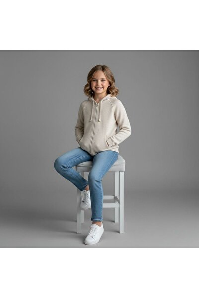 ÖNDER MODA Cardigan tricotat cu glugă cu fermoar bej pentru copii – mânecă lu...