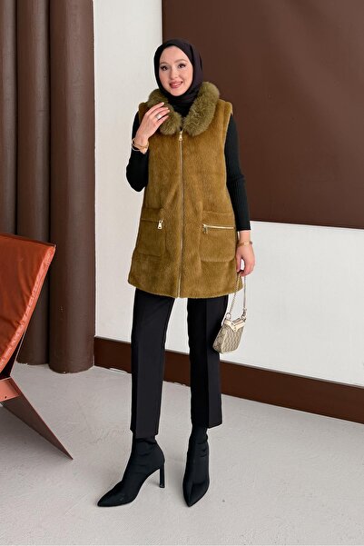Rimel Moda Italian Collared Angora Vest Khaki