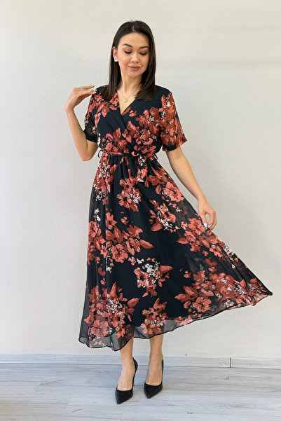 zks grup tekstil Short Sleeve Lined Plus Size Chiffon Dress Leopard, Navy Blue, Black, Tie-Dye, Brown, Green, Pomegranate Flower