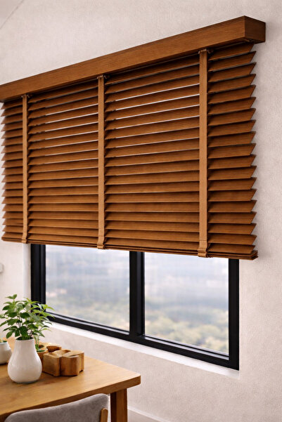 VOLPER MEKANİK Nj-2405 Ceviz Renk %100 Gerçek Ahşap Jaluzi Perde 50 mm Zincirli Redüktörlü Kurdelalı
