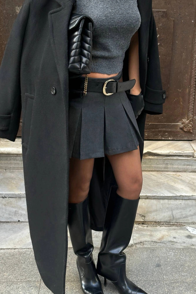 VİSKALİ Pileli Basic Antrasit Şortlu Etek