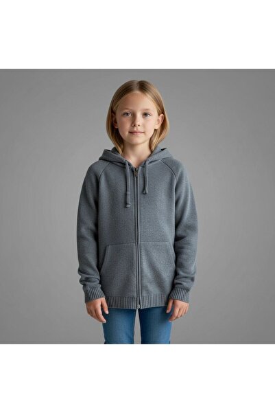 ÖNDER MODA Cardigan tricotat cu glugă cu fermoar gri pentru copii – mânecă lu...