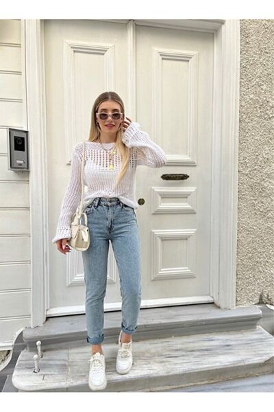 JAXEN NS-98967 Γυναικείο τζιν ψηλόμεσο μπλε Mom Jeans Snow Wash ελαστικό ύφασμα