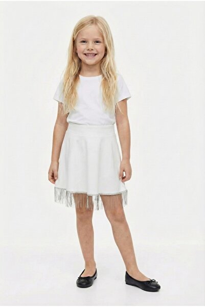 CARABO MODA Girl's High-Waisted Skirt with Chain Decoration Mini Flared Skirt