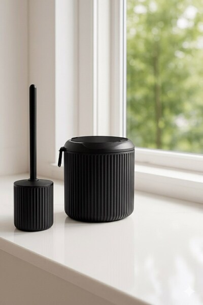 Sas Haus طقم حمام أسود من سلسلة لاينز، سلة مهملات بيضاوية من الأكريليك سعة 4 لتر، قطعتين، 3000