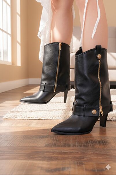 Afilli Women's Black Design Zippered Sexy Western Cowboy Pointed Toe Below Knee Thick Heeled Boots