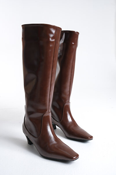 Ayakkabı Delisiyim Cizme de damă din piele maro strălucitoare, mini, scurte, ...