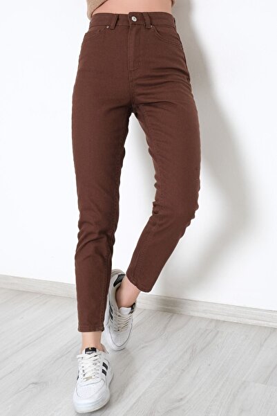 JAXEN Ns-40996 Women's Fitted Mom Jeans Brown