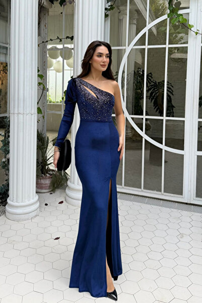 Sindimoda Βελούδινο βραδινό φόρεμα Seren με ένα μανίκι