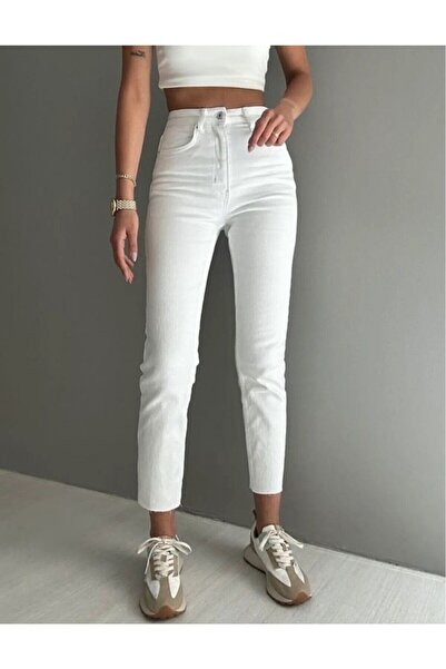 JAXEN Ns-47210 Women's Jean White High Waist Mom Fit Denim Pants