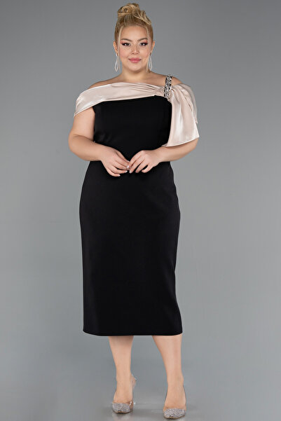 Abiyefon Siyah-Gold Tek Omuz Midi Büyük Beden Davet Elbisesi ABK2463