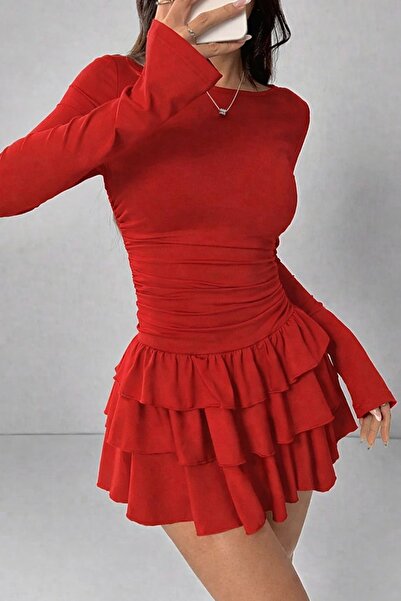 lumuteks Eteği Kat Kat Volanlı Mini Elbise