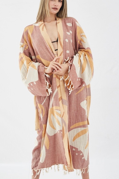 CAKKATEX كيمونو طويل بتصميم منسوج من القطن العضوي |   ملابس الشاطئ