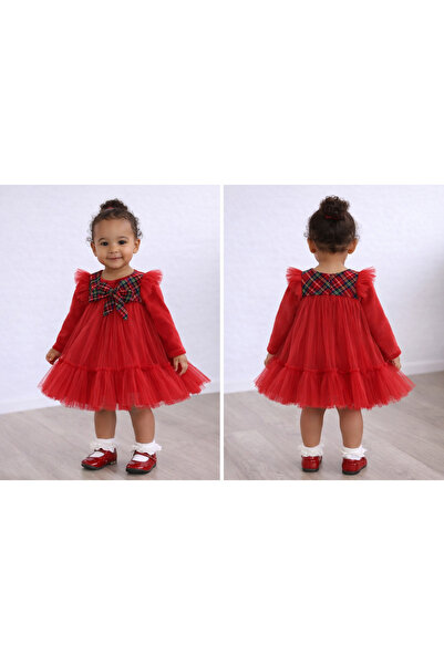 SweetMe Kız Bebek Ekose Tül Detaylı Uzun Kollu Elbise – Kırmızı (6–24 Ay)