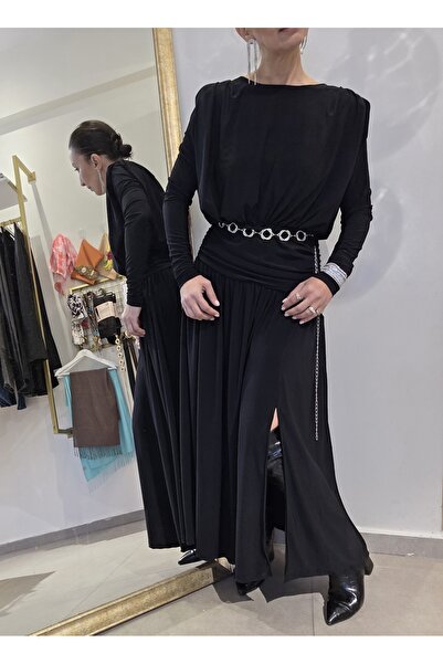 Butik Kadın, Omuz ve Bel Drape-Büzgü Detaylı, Yırtmaçlı, Uzun Kollu, Uzun/Mak...