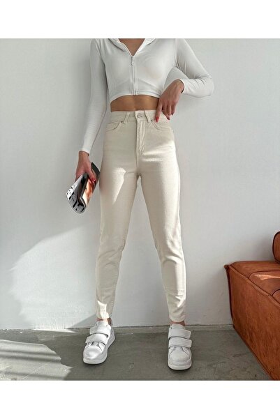 JAXEN NS-92794 Blugi de damă bej talie înaltă Mom material elastic